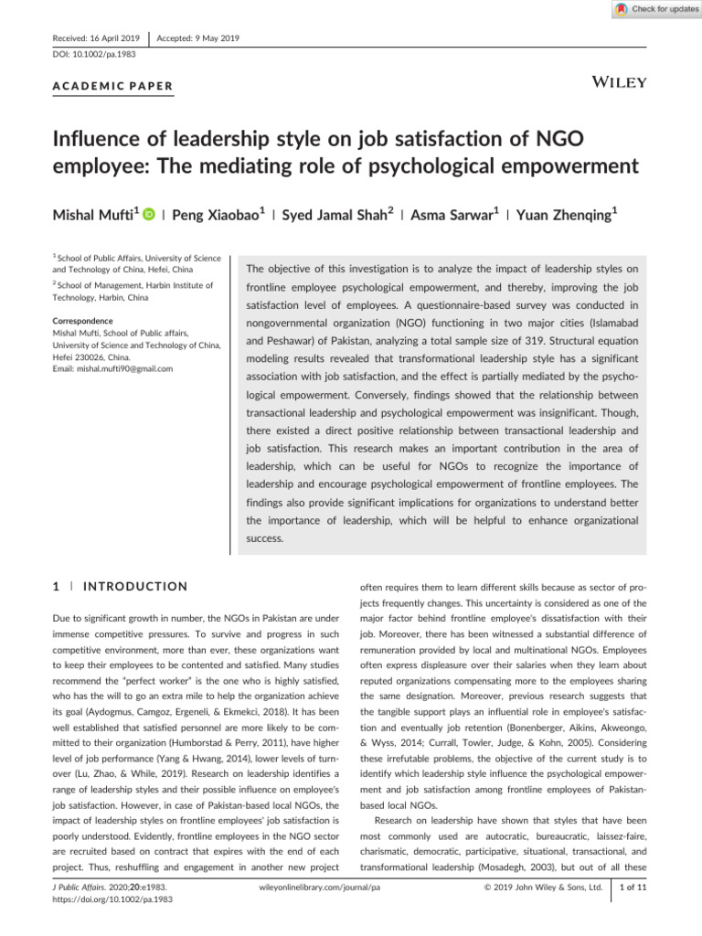 Influence of Leadership Style On Job Satisfaction of Ngo Employee | PDF ...