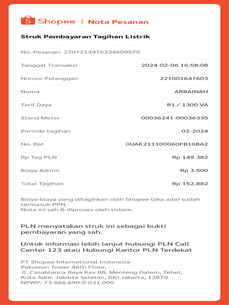 Nota Pembayaran Listrik di Shopee | PDF