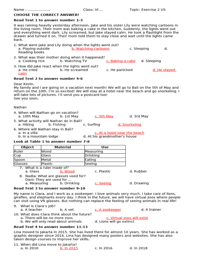 VI Class Exercise 2: Reading & Grammar | PDF