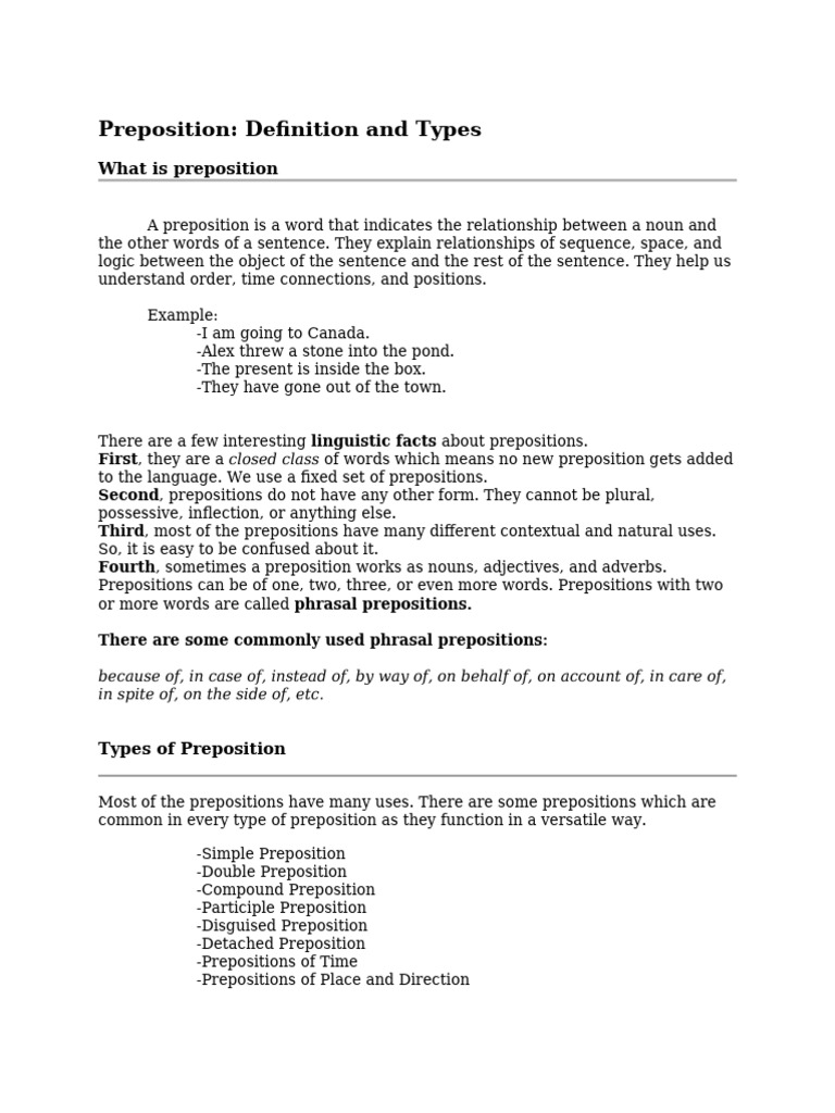 Types and Examples of Prepositions | PDF | Word | Semantic Units