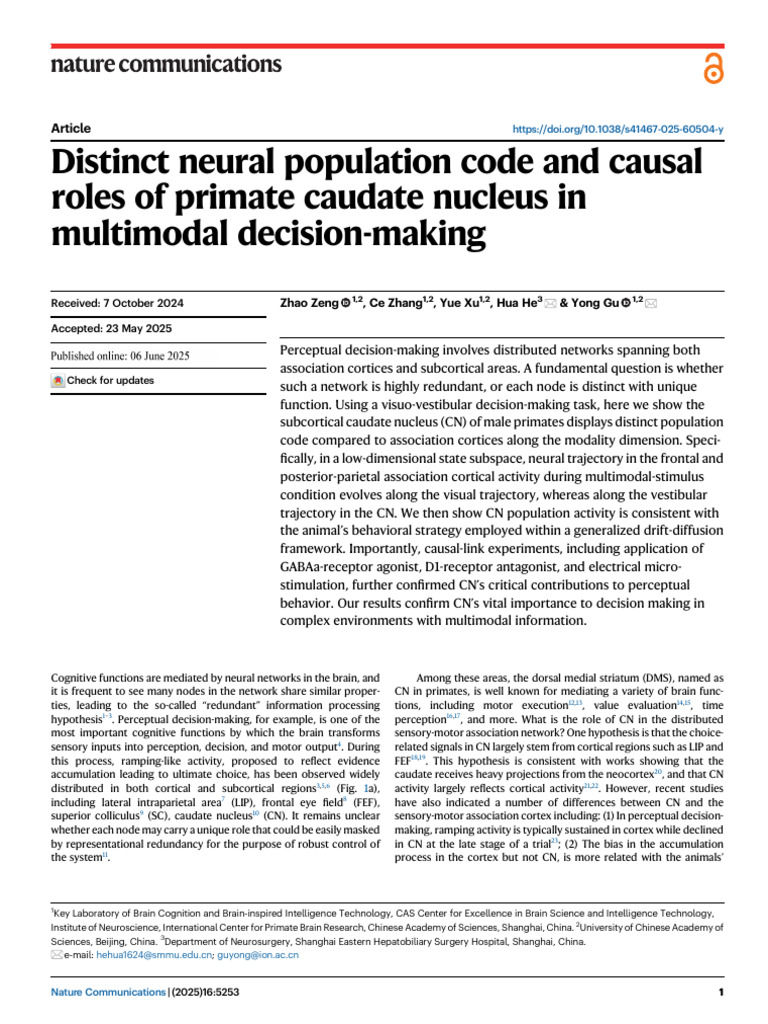 Distinct Neural Population Code and Causal Roles of Primate Caudate ...