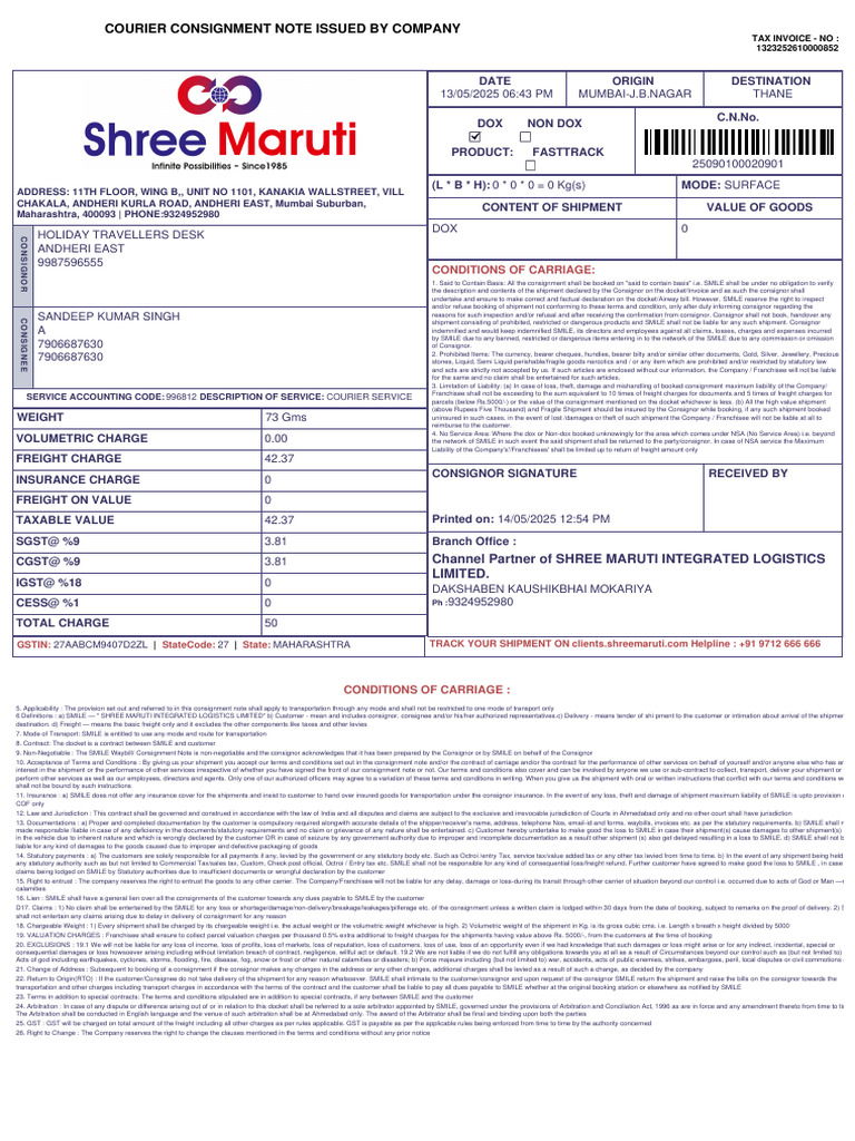 Courier Consignment Note - Mumbai to Thane | PDF | Legal Liability ...