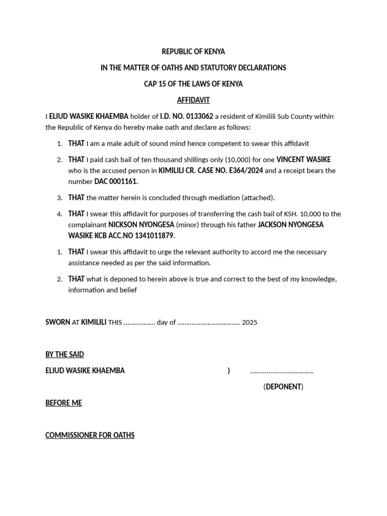 Affidavit for Cash Bail Transfer in Kenya | PDF