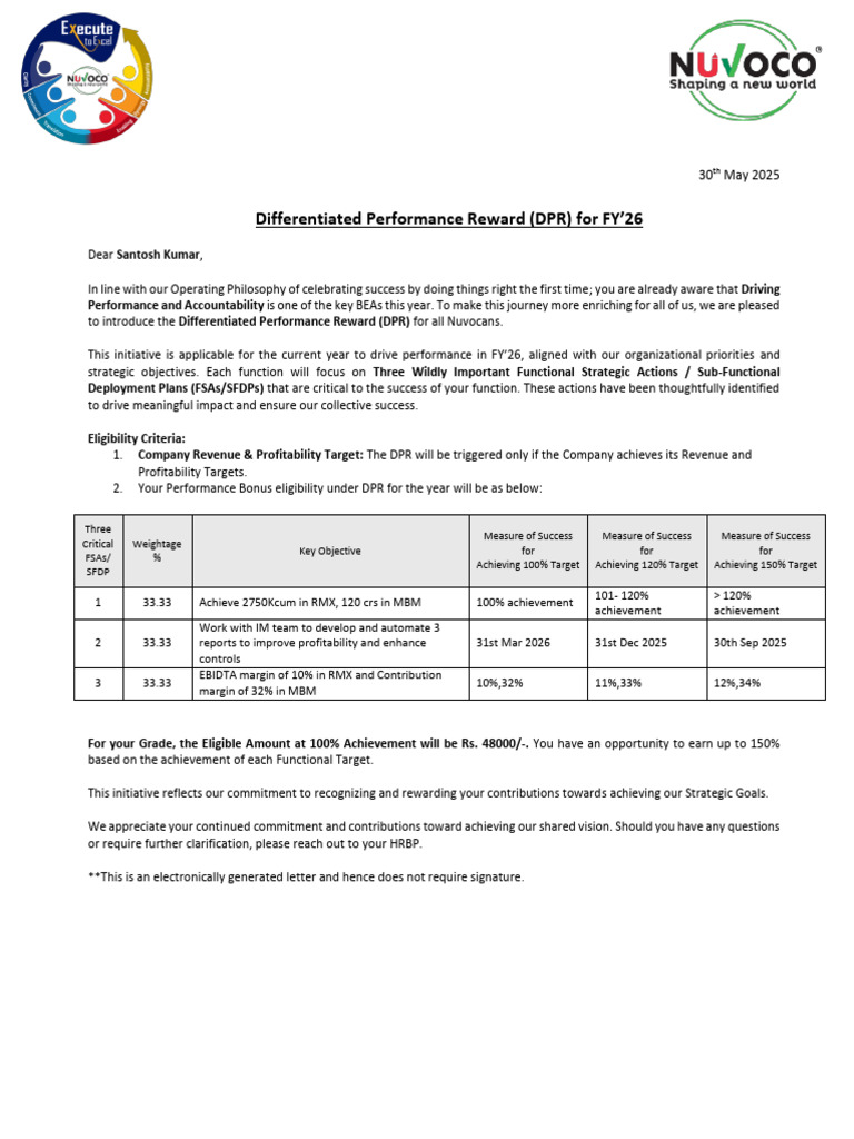 Nuvoco's FY26 Performance Reward Plan | PDF | Business | Economies