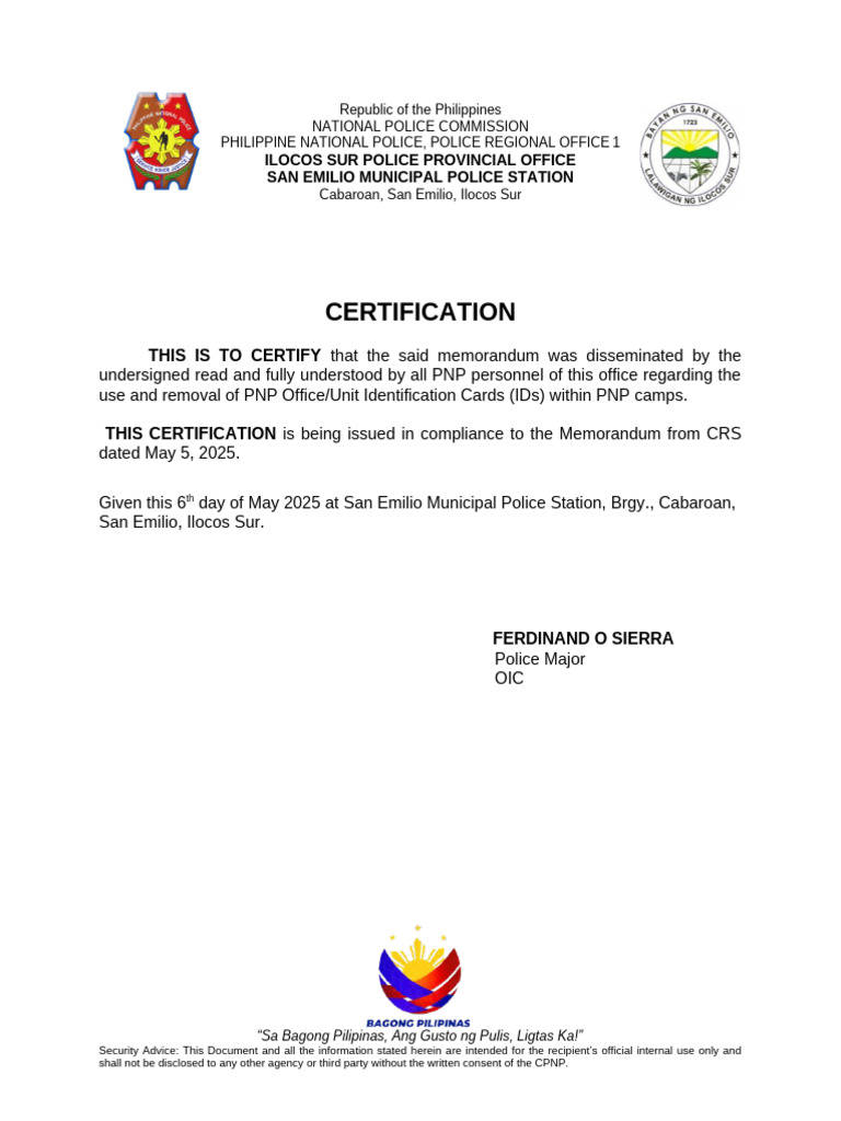 PNP ID Use and Removal Certification | PDF