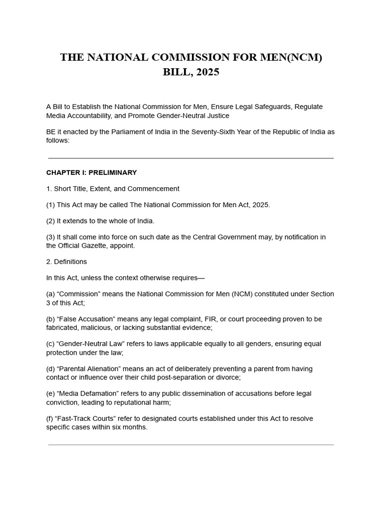 National Commission for Men Bill, 2025 | PDF | Defamation | Rape