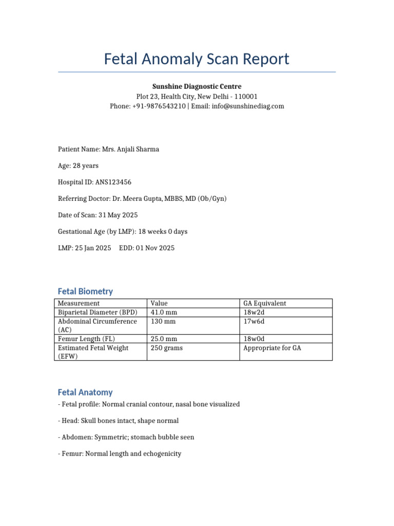 18-Week Fetal Anomaly Scan Report | PDF