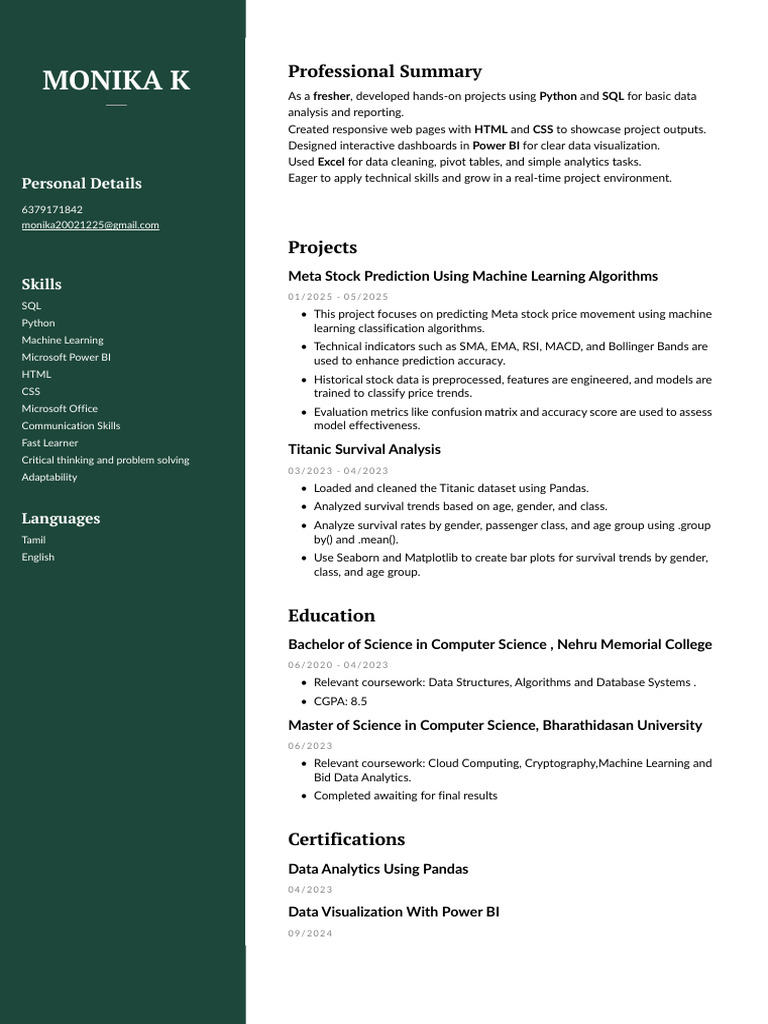 Monika K: Professional Summary | PDF | Machine Learning | Data
