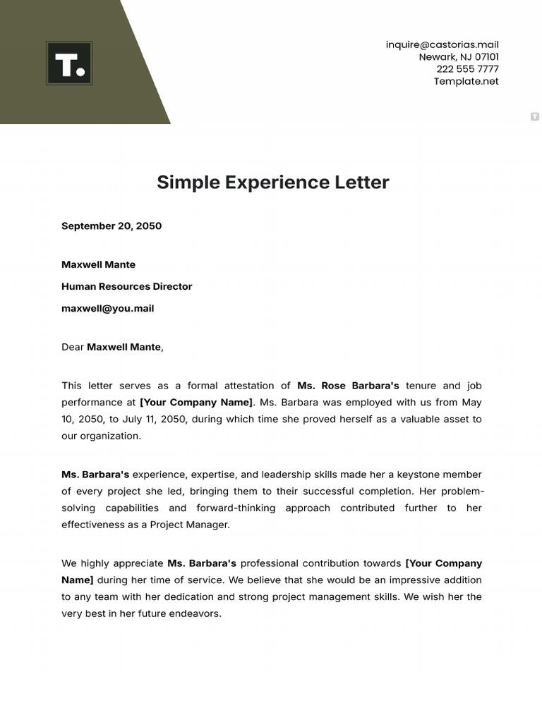 Free Simple Experience Letter Template | PDF