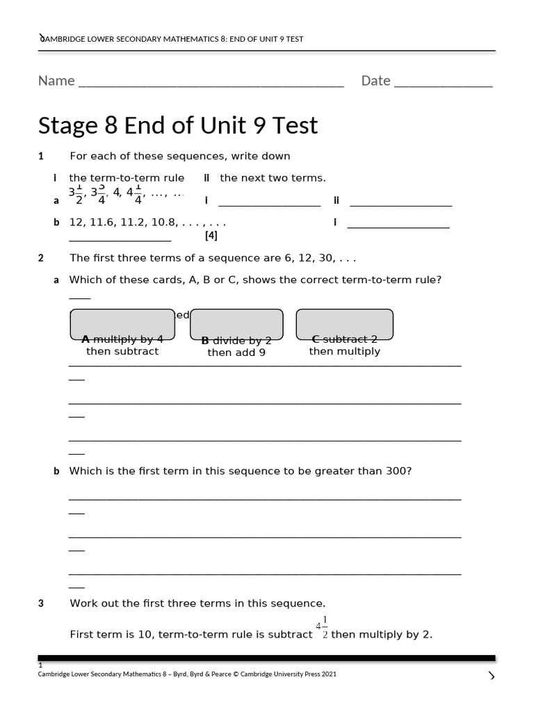 Stage 8 End of Unit 9 Test | PDF | Function (Mathematics) | Multiplication