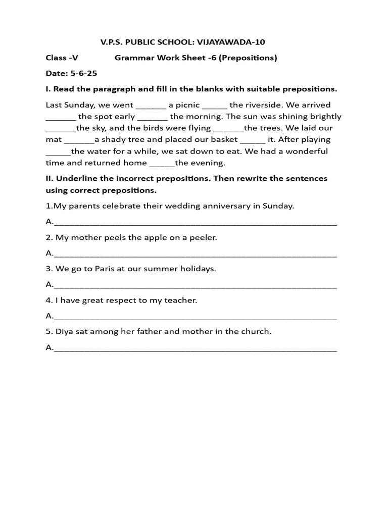 Class 5 Prepositions Worksheet | PDF