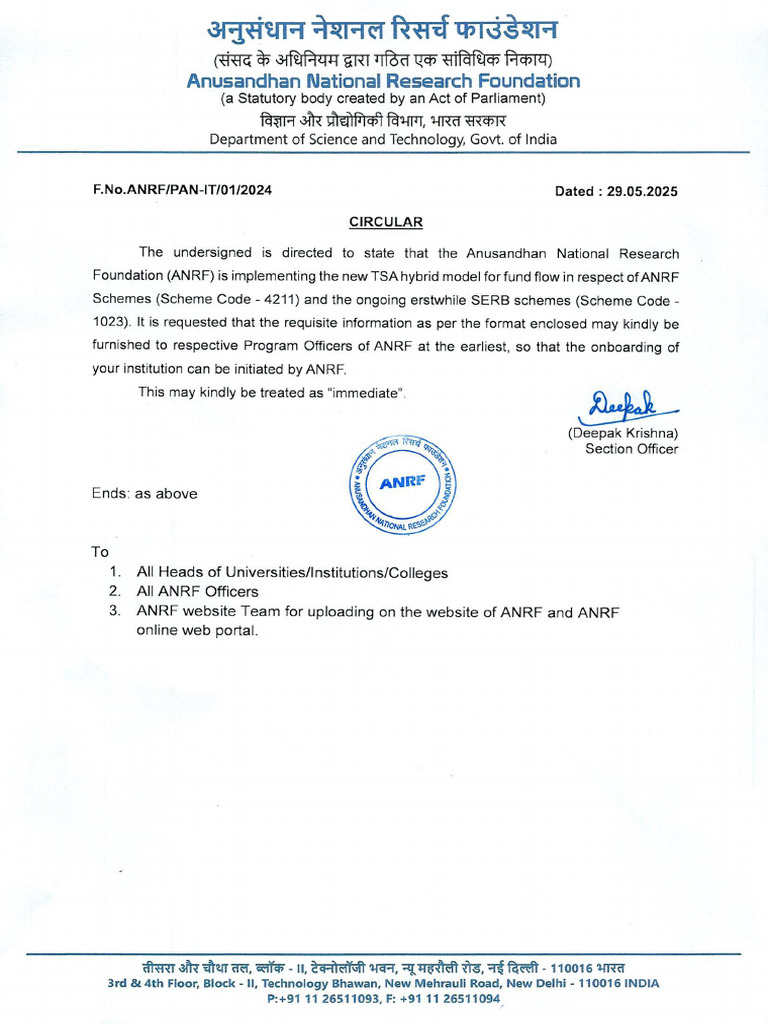 ANRF TSA Hybrid Fund Assignment Details | PDF
