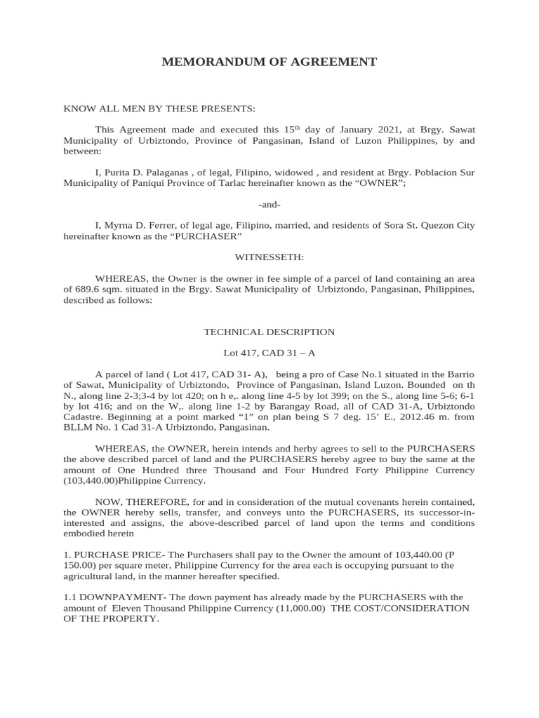 Land Sale Agreement in Pangasinan | PDF | Deed | Common Law