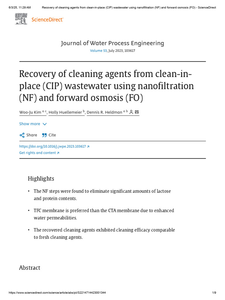 Recovery of Cleaning Agents From Clean-In-place (CIP) Wastewater Using ...