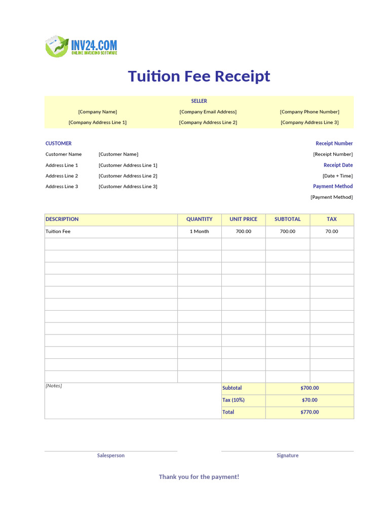 Tuition Fee Receipt Template | PDF