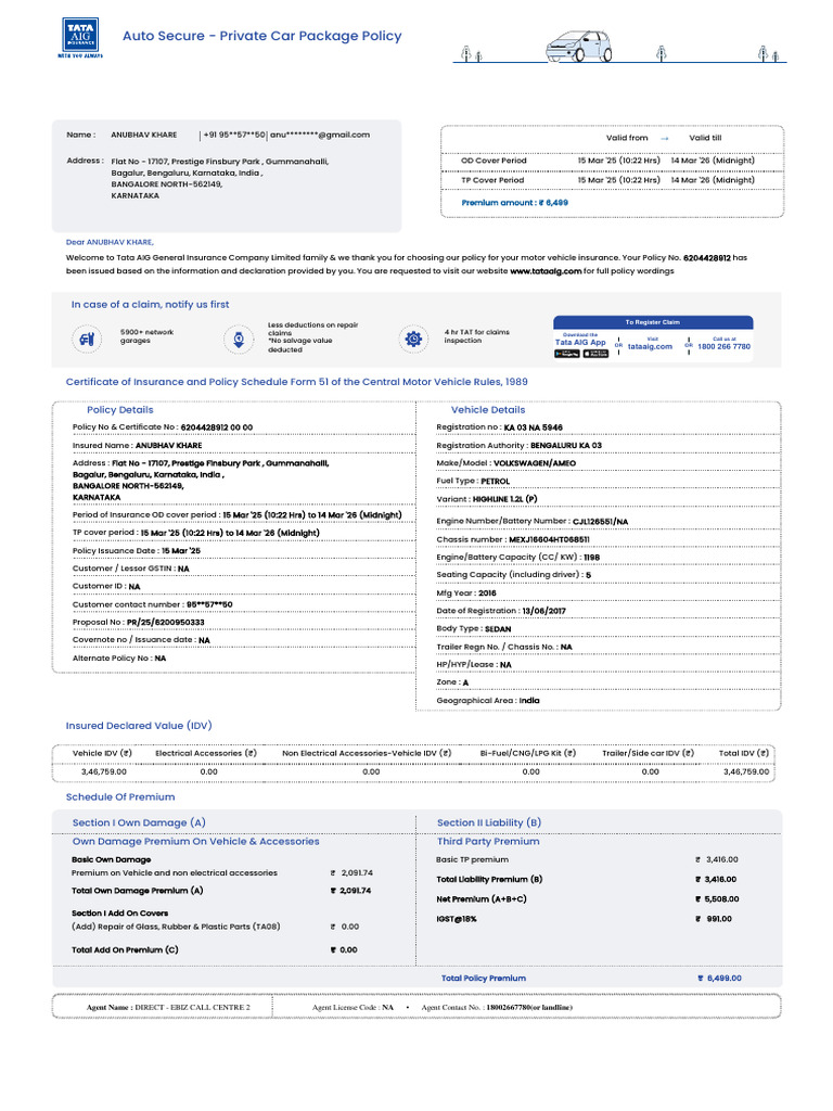 Tata AIG Motor Policy Schedule 3184 6204428912 | PDF | Insurance | Receipt