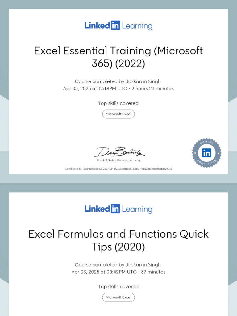 Excel Essential Training Certificate | PDF | Microsoft Excel ...