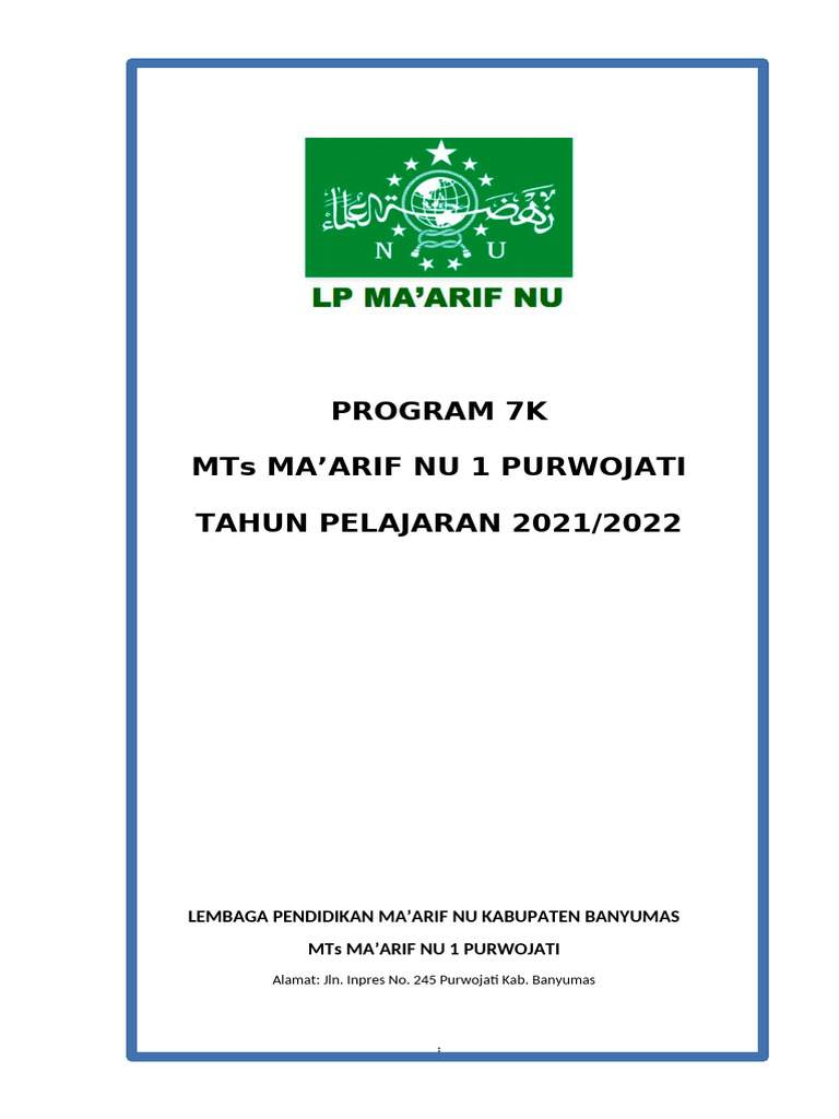 Program 7K MTs Ma'arif NU 1 Purwojati | PDF