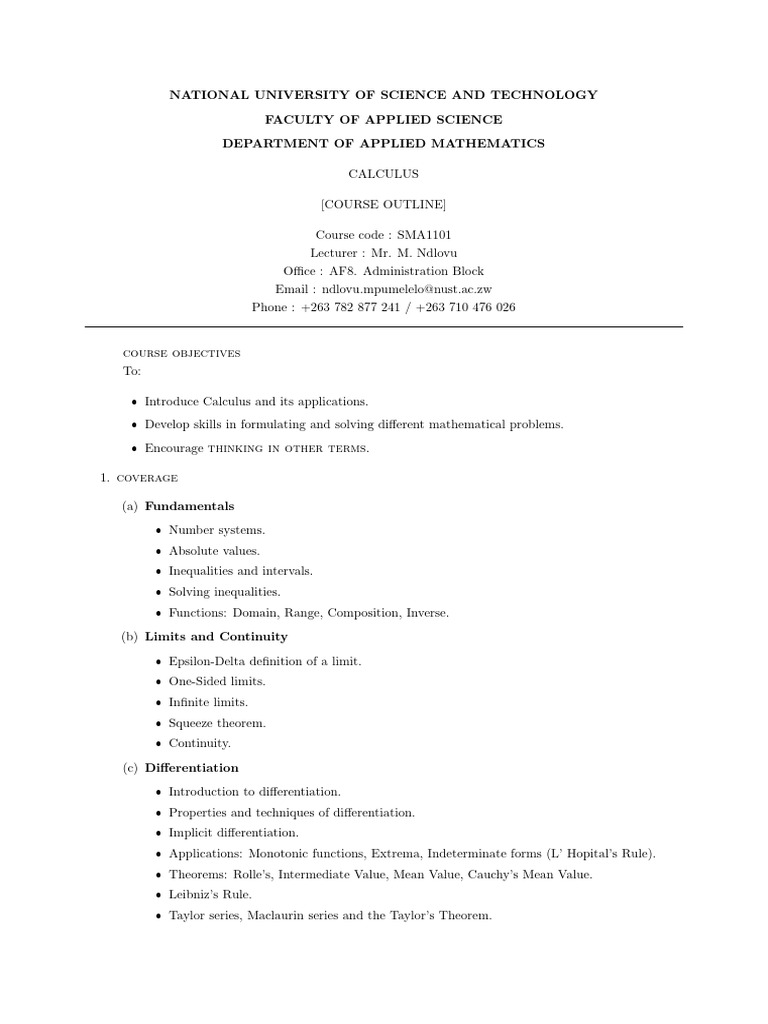 Calculus Course Outline - NUST | PDF | Integral | Calculus