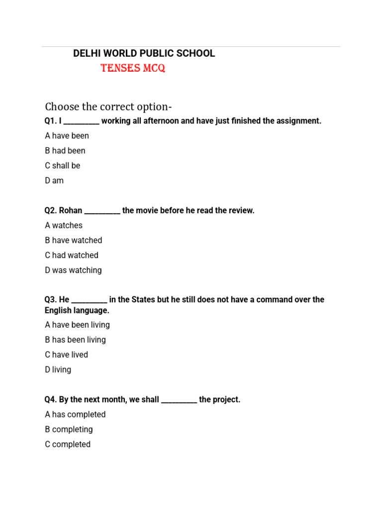 Tenses MCQ With Answers | PDF | Grammatical Tense | Verb