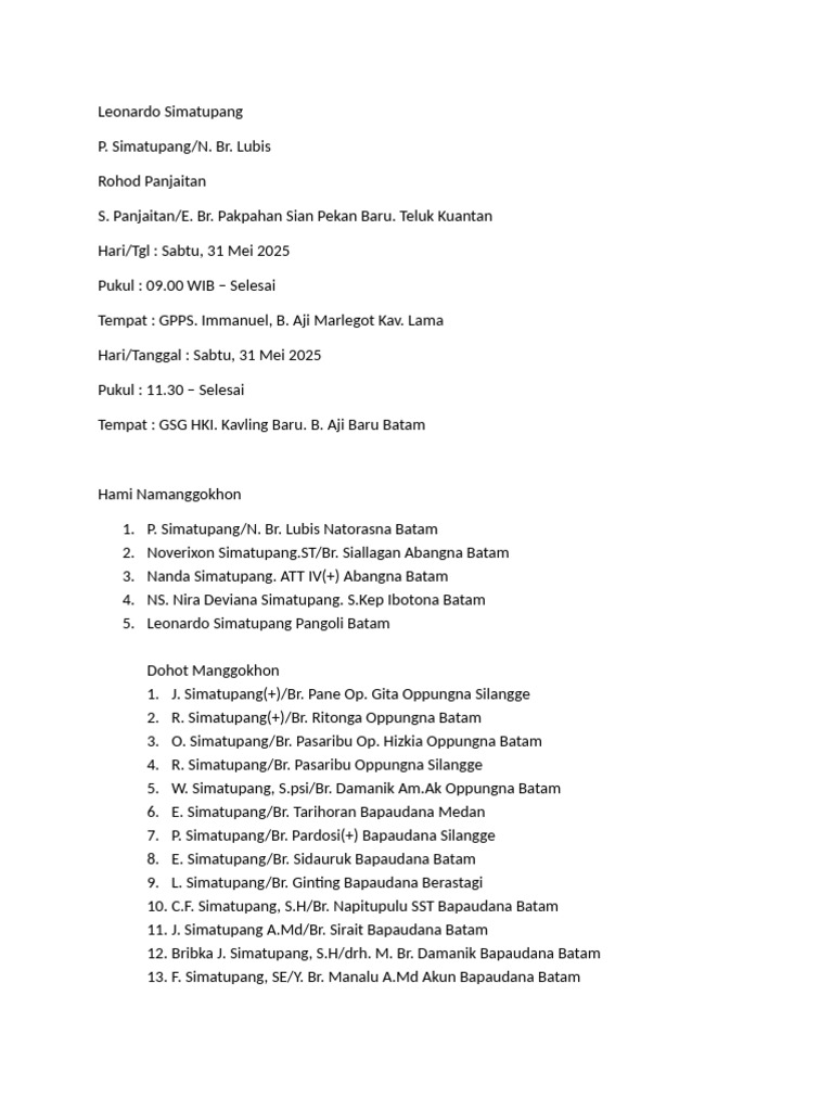 Acara Keluarga Simatupang Batam | PDF