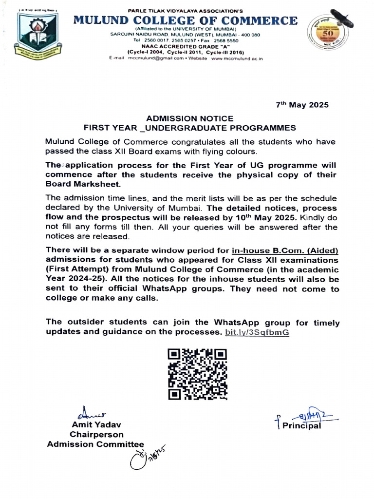 Mulund College UG Admission Notice 2025 | PDF