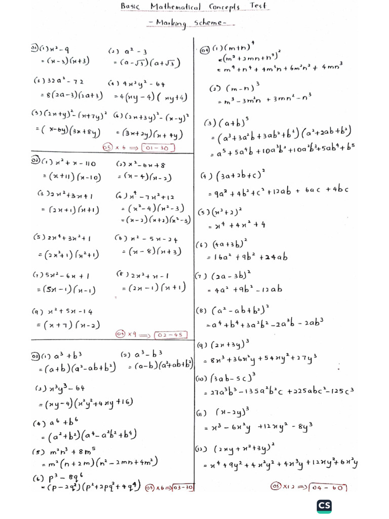 Basic Mathematical Concepts Test - Marking Scheme | PDF