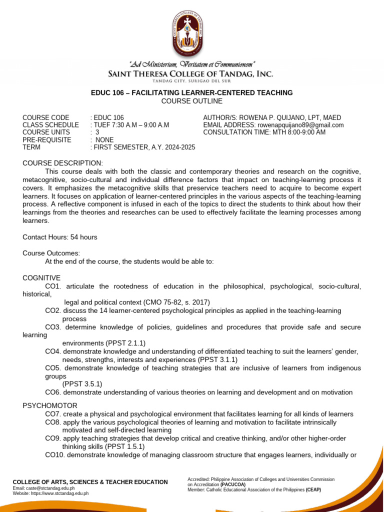 EDUC 106: Learner-Centered Teaching Outline | PDF | Learning ...