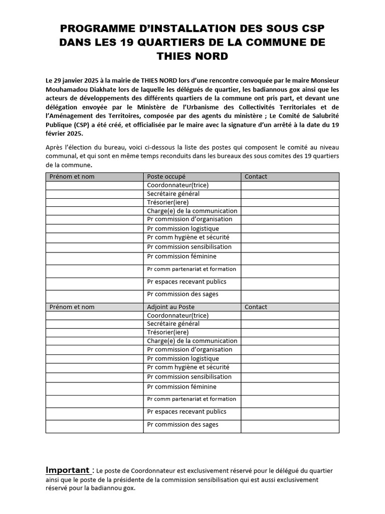 Installation du CSP à Thiès Nord | PDF | Gouvernement