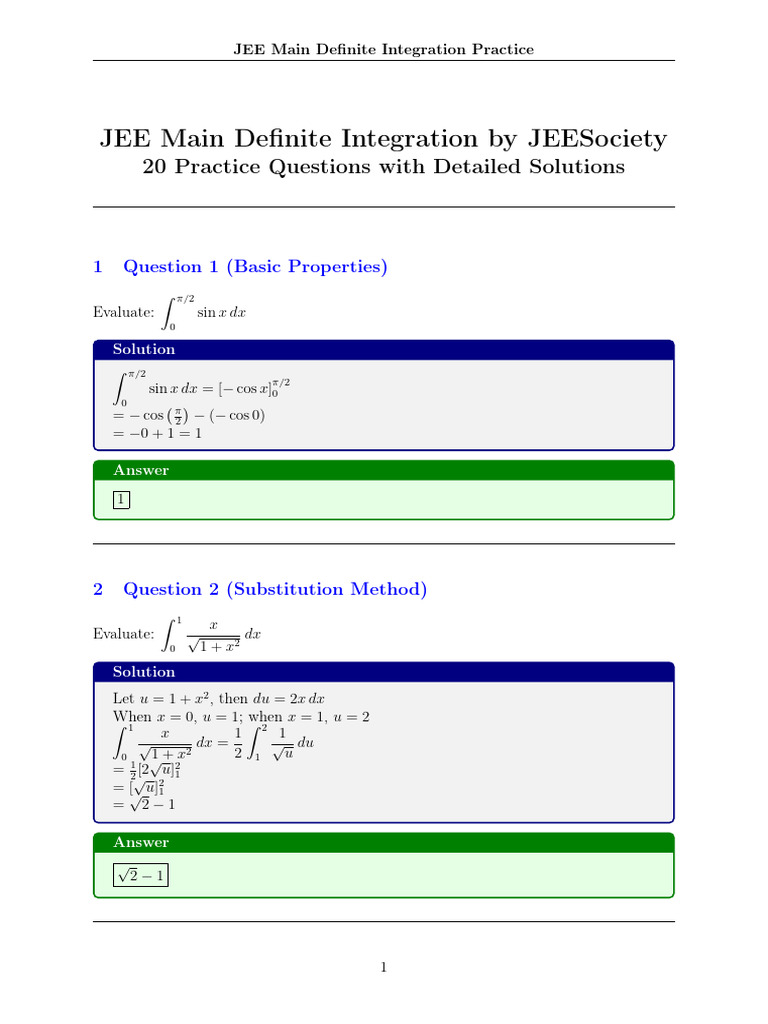 JEE Main Definite Integration Practice | PDF | Mathematical Relations ...