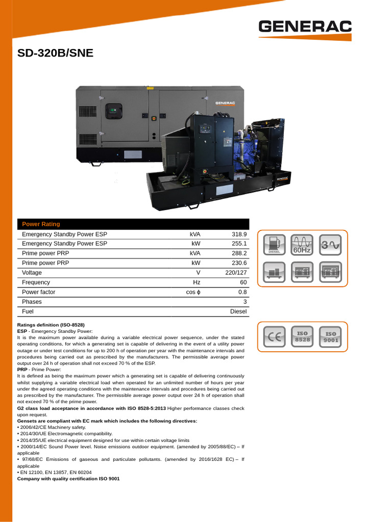 SD-320B/SNE Generator Specifications | PDF | Engines | Electricity