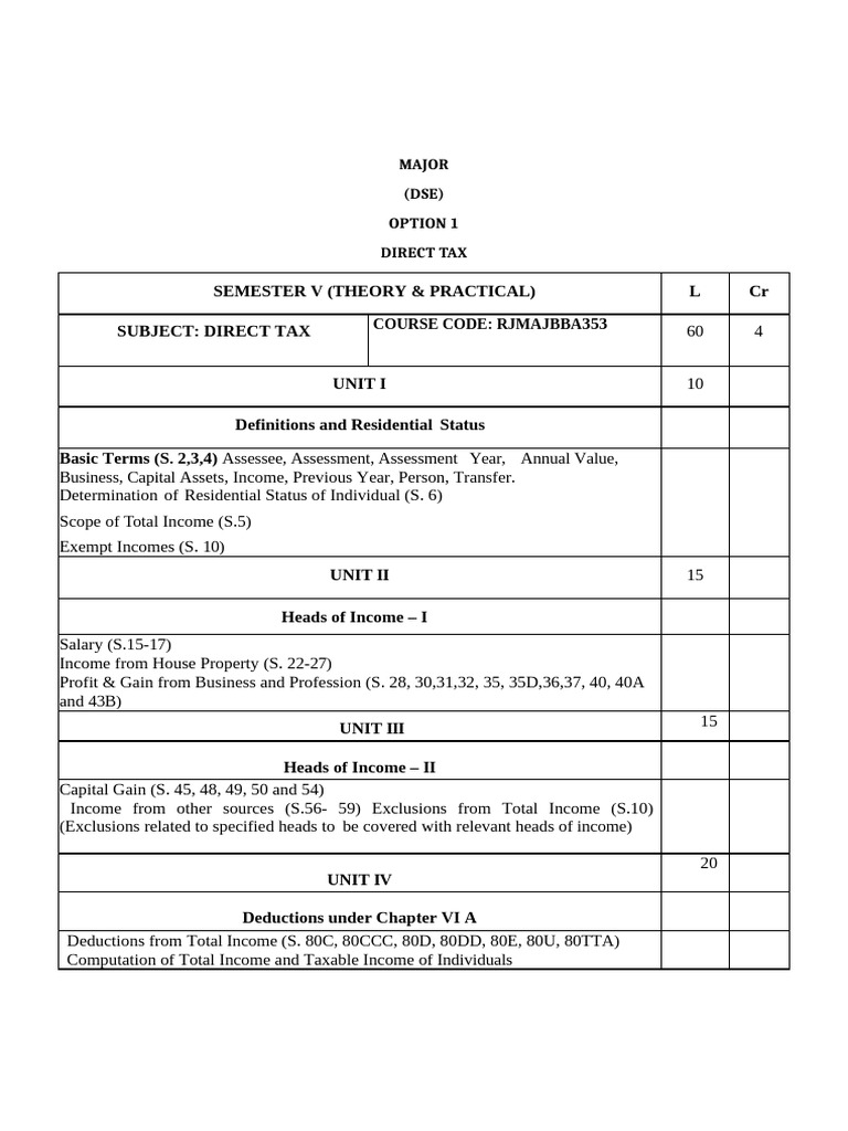 Direct Tax Course Overview for Semester V | PDF