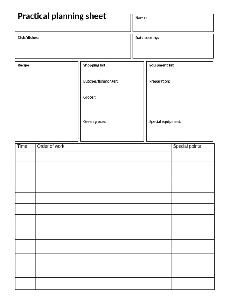 Cooking Planning Sheet Template | PDF