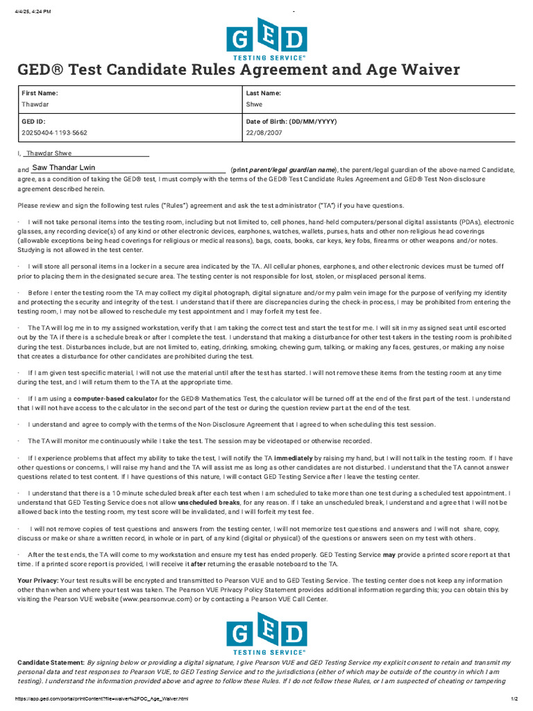 GED Test Candidate Rules Agreement | PDF | General Educational Development