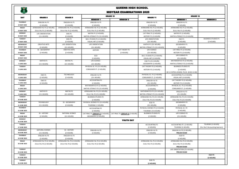 Mid-Year Exam Timetable 2025 | PDF