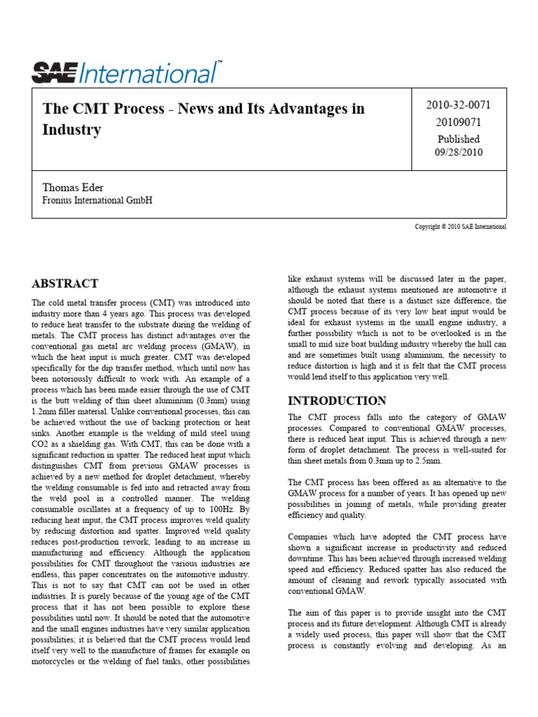 CMT Process: Innovations in Welding | PDF | Welding | Construction