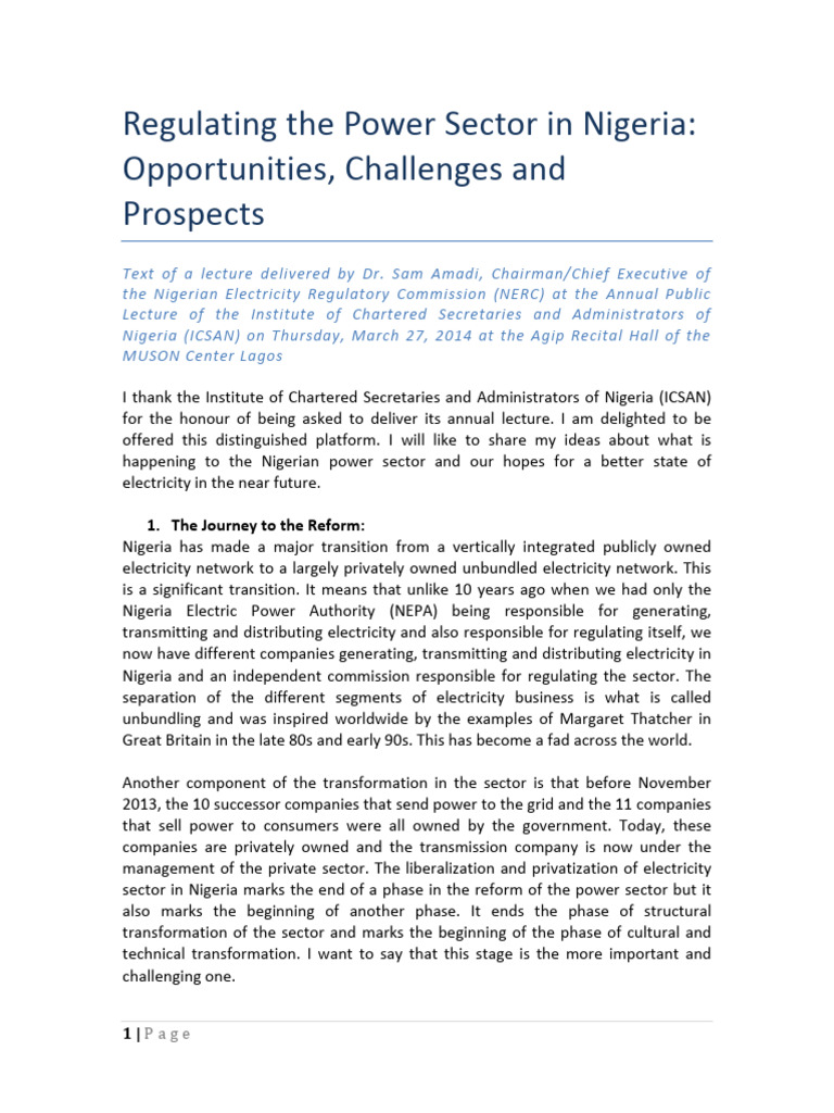 ICSAN Lecture - Regulaing The Power Sector in Nigeria - Opportunities ...