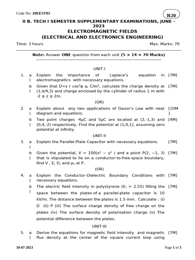 Eee - Electromagnetic Fields - 20ee3t03 - Set-2 | PDF | Magnetic Field ...