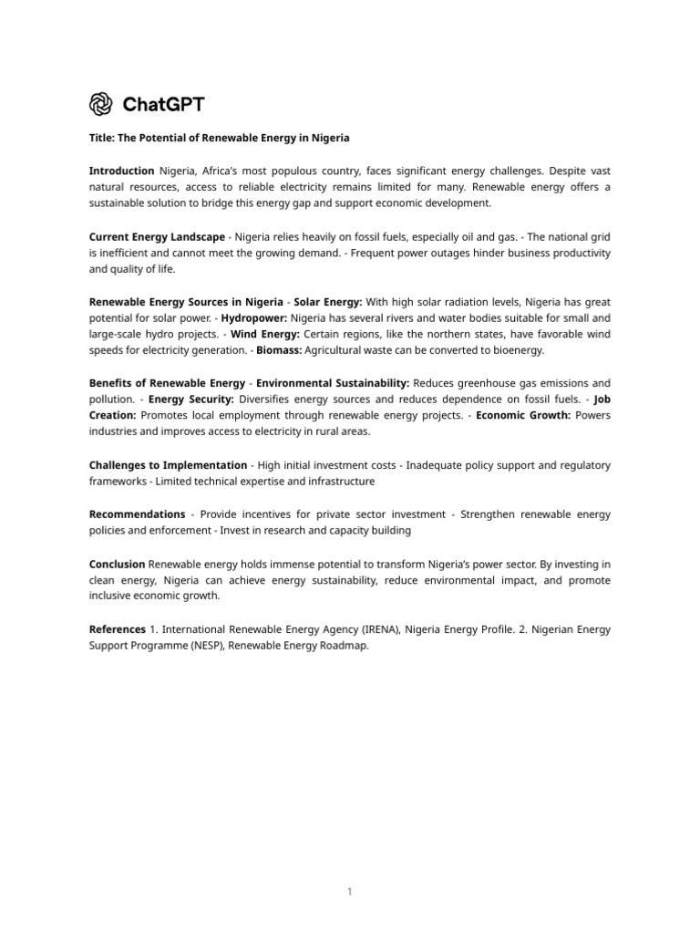 Renewable Energy Potential in Nigeria | PDF