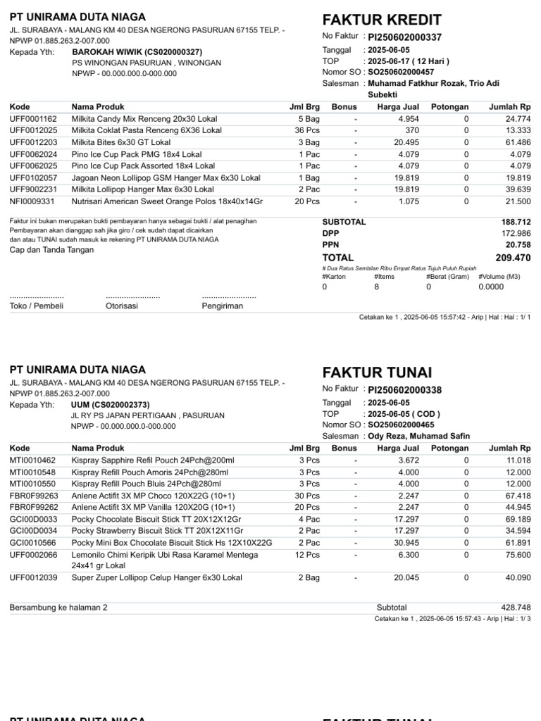 Faktur Penjualan Produk Milkita | PDF