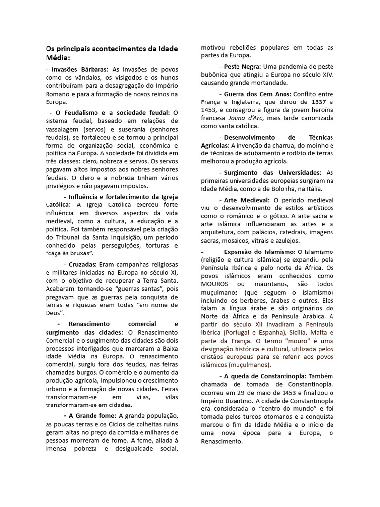 Principais Acontecimentos da Idade Média | PDF | Feudalismo | Idade Média