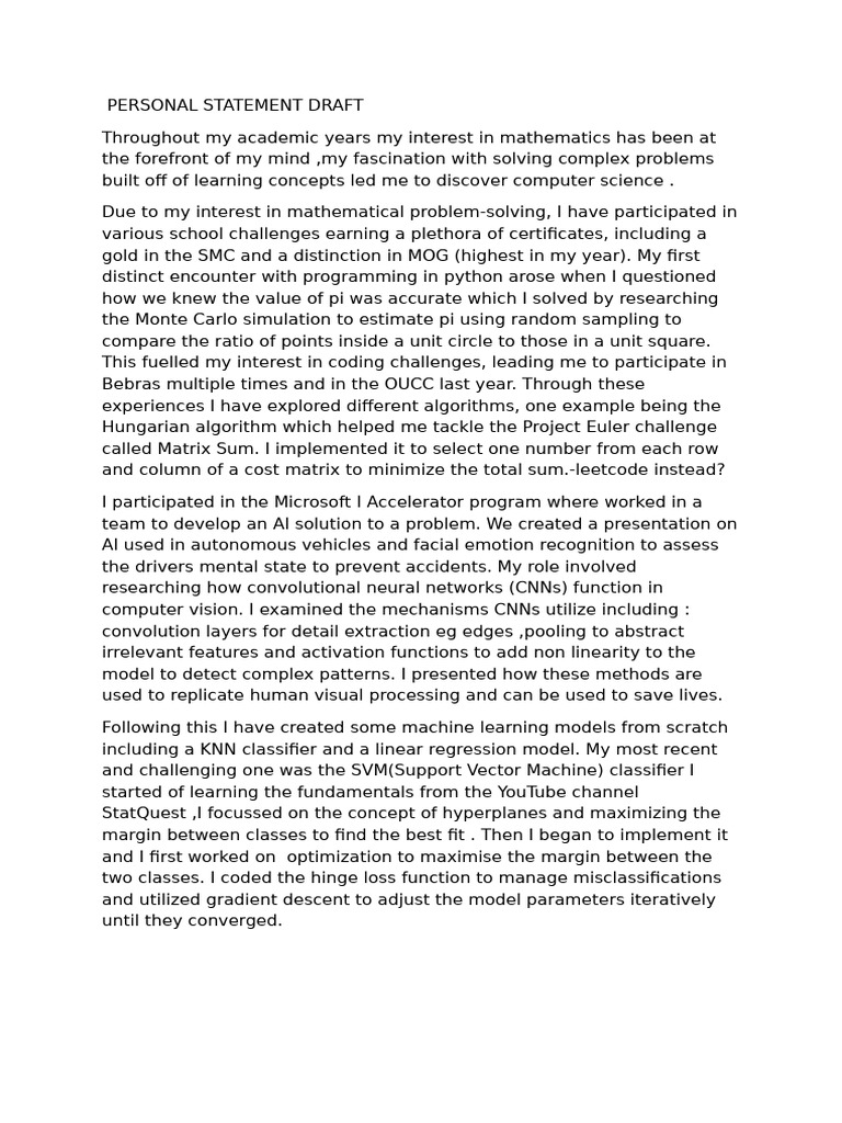 Personal Statement Draft | PDF | Support Vector Machine | Artificial ...