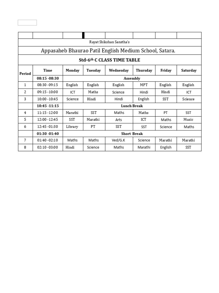 6th C Time Table - Appasaheb Patil School | PDF