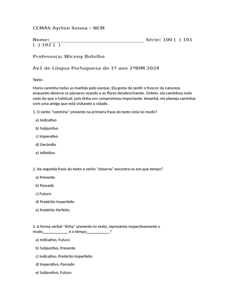 Av1 de Língua Portuguesa Do 1º Ano 2ºBIM 2024 2 | PDF