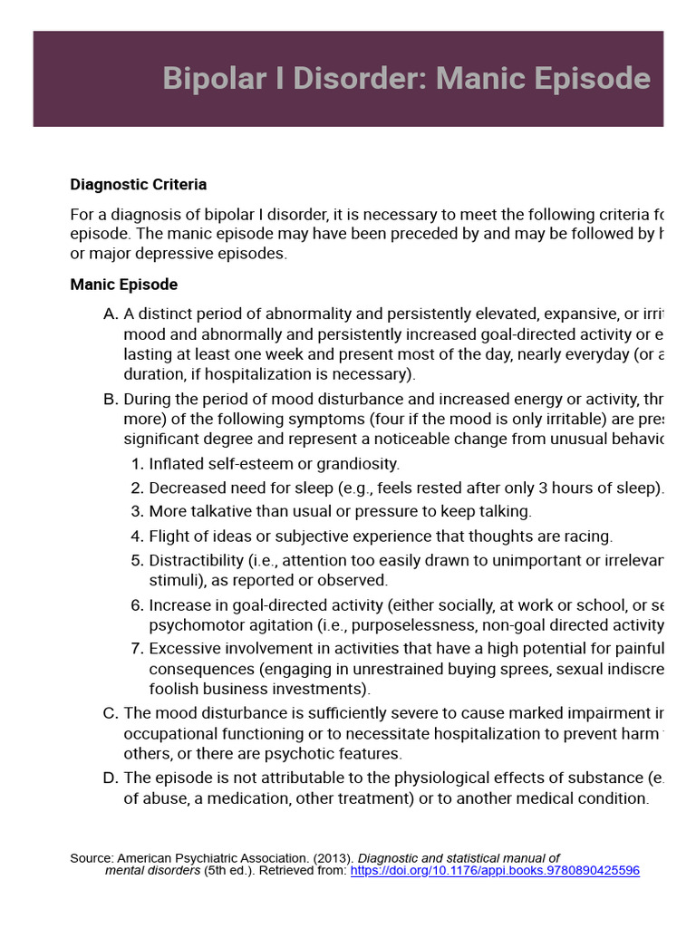 Bipolar I Disorder Manic Episode Criteria | PDF