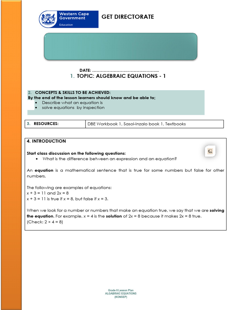 Grade 8 Algebraic Equations Lesson Plan | PDF | Algebra | Equations