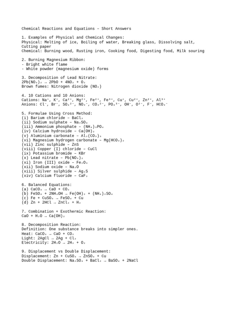 Chemical Reactions Short Answers | PDF
