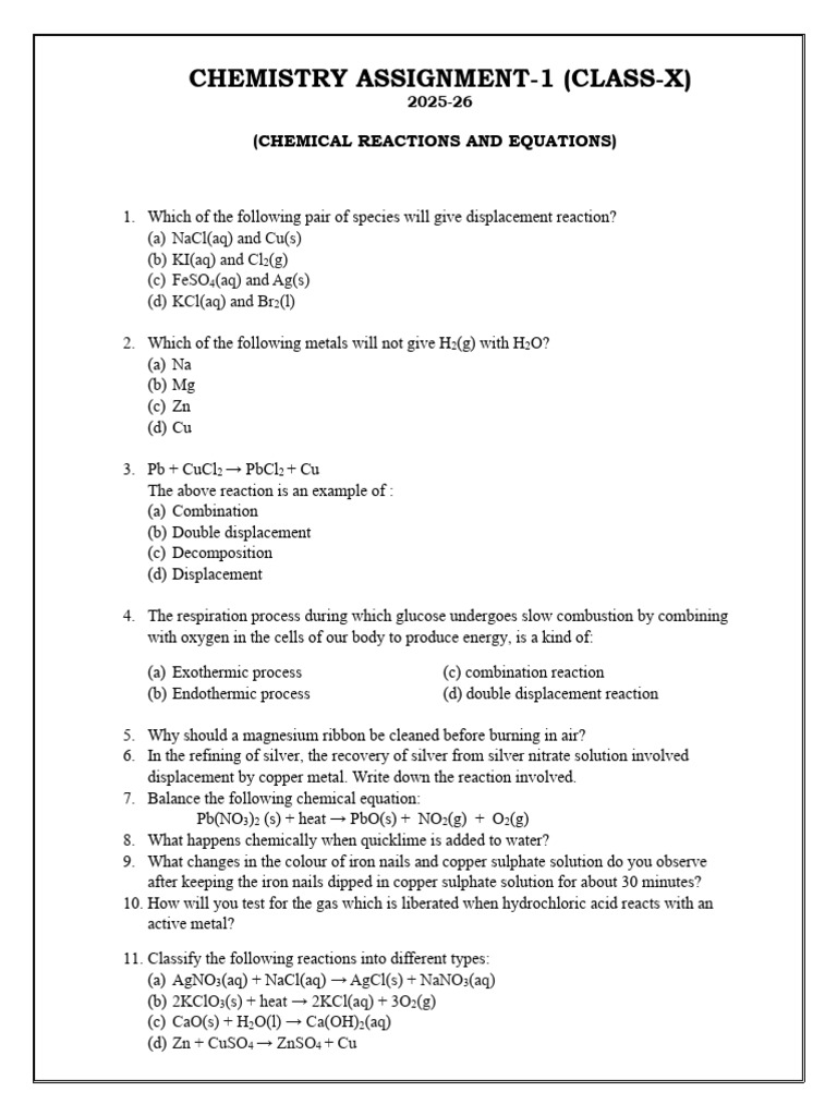 Chemistry Assignment 1 (Class X) | PDF