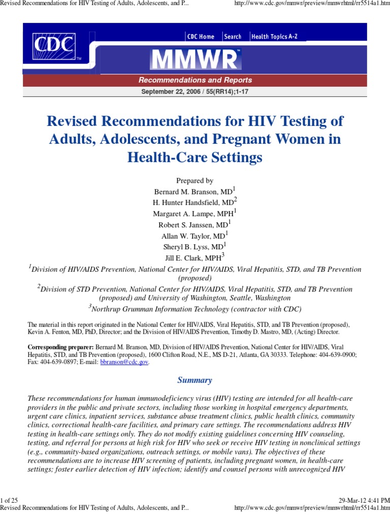 Revised for HIV Testing of Adults, Adolescents, And