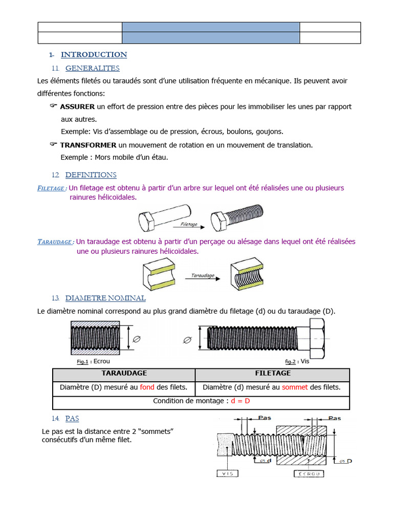 Types de Filetages en Mécanique | PDF | Vis de fixation | Ingénierie ...